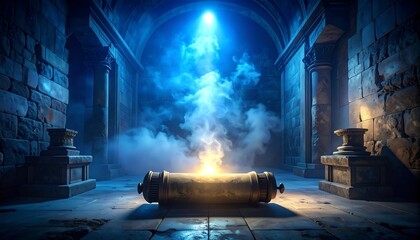 An ethereal light beam shines down upon a golden cylindrical object in a stone chamber. Misty smoke rises