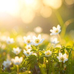 A serene field of white flowers illuminated by warm sunlight