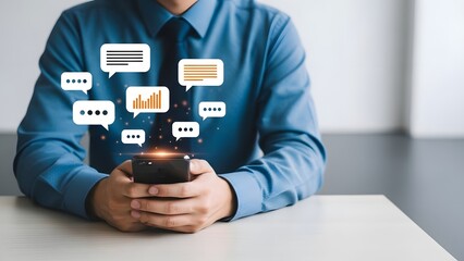 Businessman holding a smartphone with social media icons floating above
