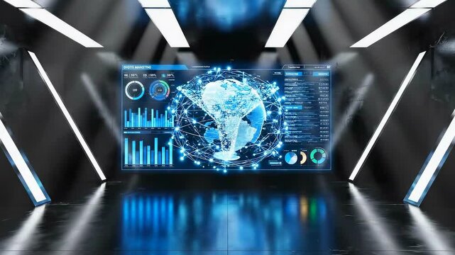 Futuristic holographic presentation, Advanced holographic showcase with analytical dashboards, Nextgeneration hologram based interface exhibiting comprehensive world analytics and visual metrics