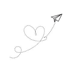 Paper Airplane Flying Along Dotted Path Forming A Heart Shape Vector Illustration.