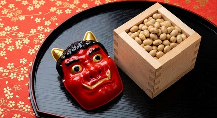 節分の赤鬼のお面と升に入った大豆が盆に置かれた和のイメージ generative ai