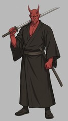 日本の着物を着て刀を持った赤い肌の鬼の侍キャラクター generative ai