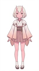 白い髪と着物姿が可愛い角の生えた鬼の少女のキャラクター generative ai