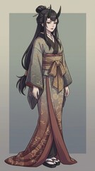 落ち着いた雰囲気の着物を着た黒髪の美しい女性の鬼のイラスト generative ai