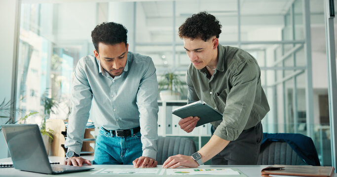 Meeting, graph and business men on tablet for finance review, proposal and investment research. Corporate, teamwork and people with digital tech, paperwork and financial analysis for stock trading - Powered by Adobe