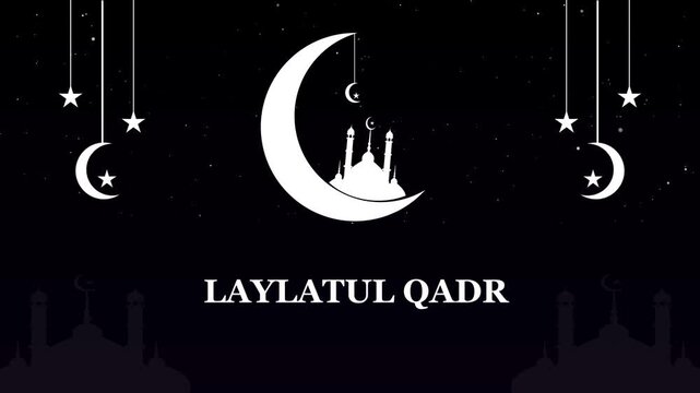 LAYLATUL QADR text animation with mosque and crescent moon designed for Islamic festival celebration on background.Sparkling light islamic greeting text motion background
