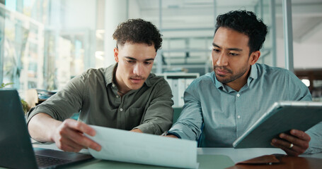 Meeting, documents and business men on tablet for finance review, proposal and investment research. Corporate, teamwork and people with digital tech, paperwork and financial report for stock trading