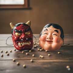 木のテーブルに置かれた節分の赤鬼とおかめのお面と大豆の静物 generative ai