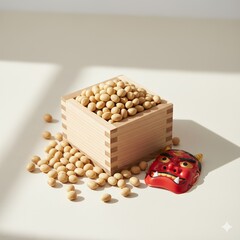 枡に入ったたくさんの大豆と横に置かれた赤鬼のお面の節分イメージ generative ai