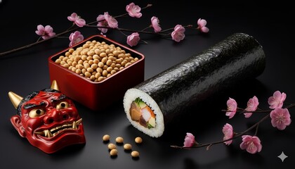 黒い背景に配置された恵方巻と枡に入った豆と赤鬼のお面の節分素材 generative ai