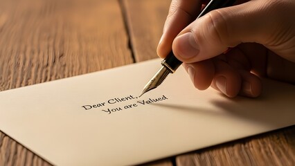 Close-up of a hand carefully writing a formal letter with a fountain pen on a textured wooden table for correspondence.