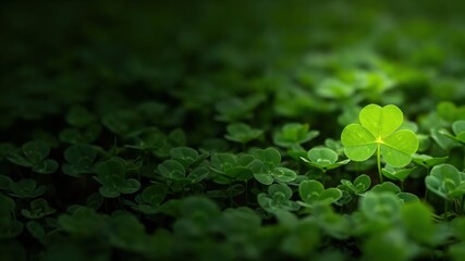 A Close-Up View of a Single Bright Green Four-Leaf Clover Amidst a Sea of Dark Green Shamrocks in a Natural Setting on a Sunny Day