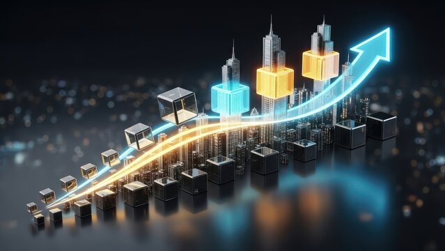 Abstract illustration of a financial growth chart with an upward arrow and city skyline - Powered by Adobe