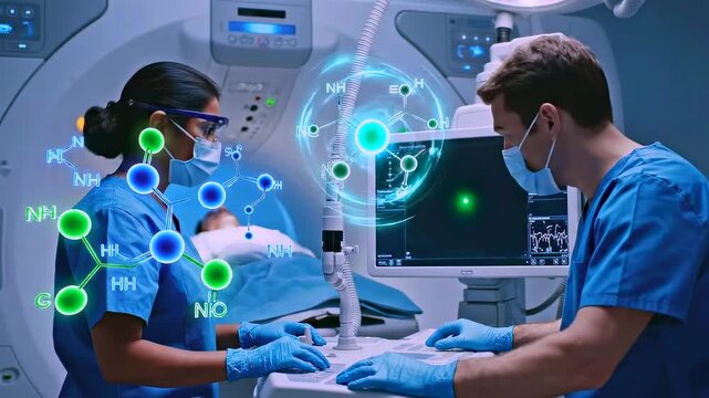 doctors consulting patient with ocular images and molecule overlays surgical microscope and monitors present sterile gloves precision planning research driven approach innovative therapy