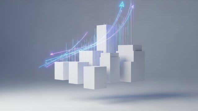 Abstract illustration of rising financial data with upward arrows and block structures - Powered by Adobe
