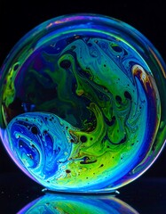 Iridescent bubble on a dark surface, swirling patterns of blues, greens, yellows create a mesmerizing, abstract design