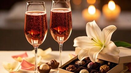 Elegant Romantic Table Setting with Sparkling Ros&eacute;, Assorted Chocolate Truffles, and Lush White Lily Amidst Soft Candlelight for a Perfect Special Evening