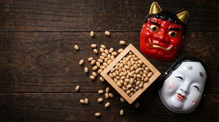 木目の背景に置かれた節分の升に入った大豆と赤鬼とおかめのお面 generative ai