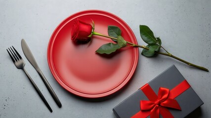 A Romantic Table Setting Featuring a Red Rose on a Plate with a Gift Box and Cutlery for an Intimate Dinner Date at Home