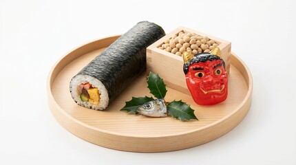 丸いお盆の上にきれいに盛り付けられた恵方巻と節分の飾りセットの静物 generative ai