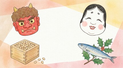 水彩画風の優しいタッチで描かれた節分のイラストフレームとコピースペース generative ai