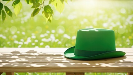 A Vibrant Green Hat Resting on a Wooden Table in a Sunny Outdoor Setting Surrounded by Lush Greenery and Soft White Daisies in the Background
