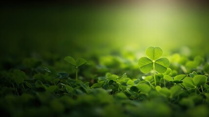 A close-up view of lush green clover plants spreading across the ground, with a prominent four-leaf clover standing out in the foreground, symbolizing luck and nature's beauty.