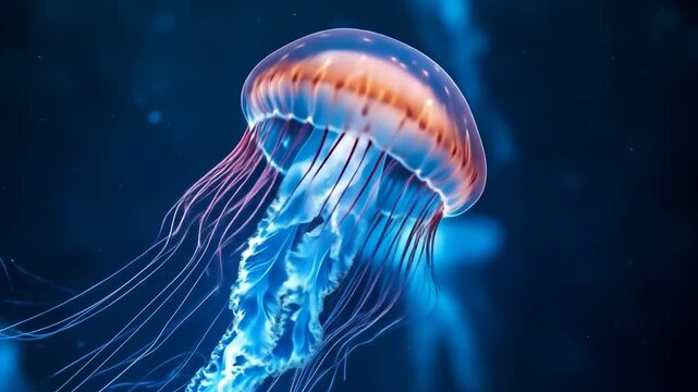 Graceful jellyfish swimming in deep blue water underwater