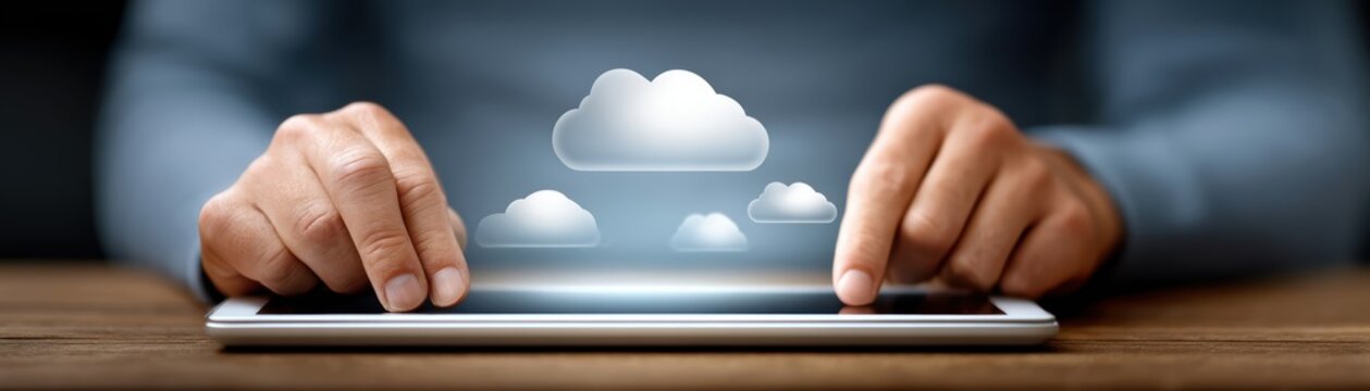 Person with cloud tablet close up of person holding tablet displaying a cloud graphic symbolizing digital storage and connectivity
