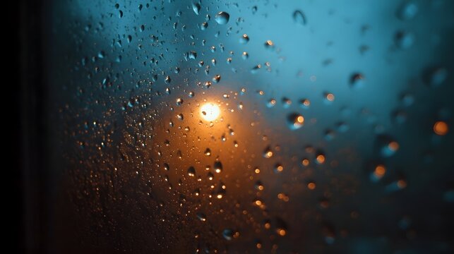 Close up of raindrops on a window with a bright blurred orange light source in the dark blue background