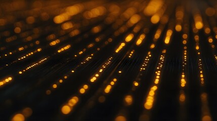 Abstract digital network of glowing golden orange lights representing data flow and connectivity in a dark deep background