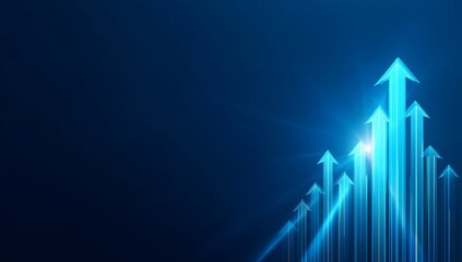 Abstract digital illustration of glowing blue upward pointing arrows symbolizing growth progress success and innovation against a dark background with light streaks