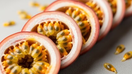 Close up of sliced passion fruit showing seeds