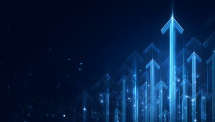 Abstract digital illustration of upward glowing blue arrows representing growth progress and success in a dark futuristic technological background with subtle light particles