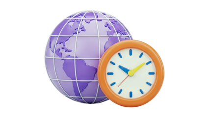 3D Globe and Clock on White Background