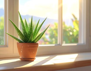 A serene indoor scene featuring a potted aloe vera plant on a windowsill