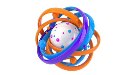 Abstract 3D Sculpture with Orbiting Rings and Spheres