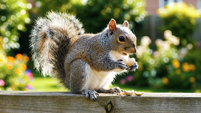 A fluffy grey squirrel with a bushy tail perches on a wooden fence, eating a peanut