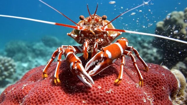 Vibrant red and white crab with large claws on textured red coral underwater