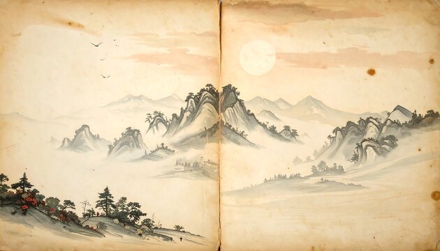 A serene landscape painting of mountains and a village under a full moon