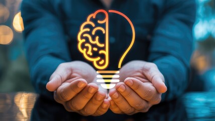 Person holding glowing lightbulb with brain inside