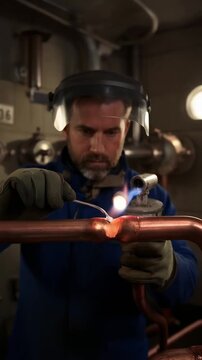 A Skilled Craftsman Performing Precision Soldering on Copper Pipes with Flame, Ensuring Strong Joinery and Metalwork Craftsmanship in Industrial Setting
