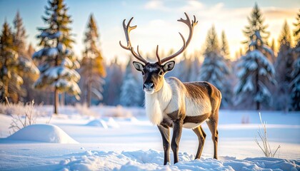 Obraz premium Majestic Reindeer Stands Proudly in a Snowy Winter Wonderland Forest Scene with Sunlight.