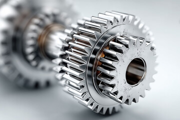 Close-up of interlocking metal gears with precision mechanics and industrial detail