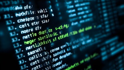Abstract digital code displayed on a dark computer screen with glowing lines of text and symbols in a futuristic technological theme