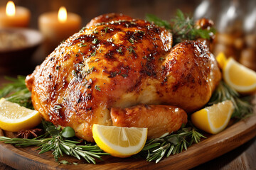 Golden roasted chicken with lemons and herbs on wooden platter