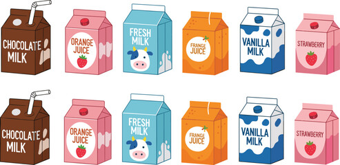 Cute milk and juice carton packaging vector illustration set with chocolate vanilla strawberry and orange drinks isolated