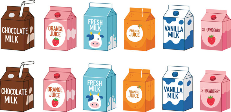 Cute milk and juice carton packaging vector illustration set with chocolate vanilla strawberry and orange drinks isolated