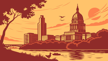 Obraz premium Austin skyline at fiery texas sunset, vibrant cityscape in golden light. Suitable for travel websites, texas tourism brochures, urbanthemed designs.